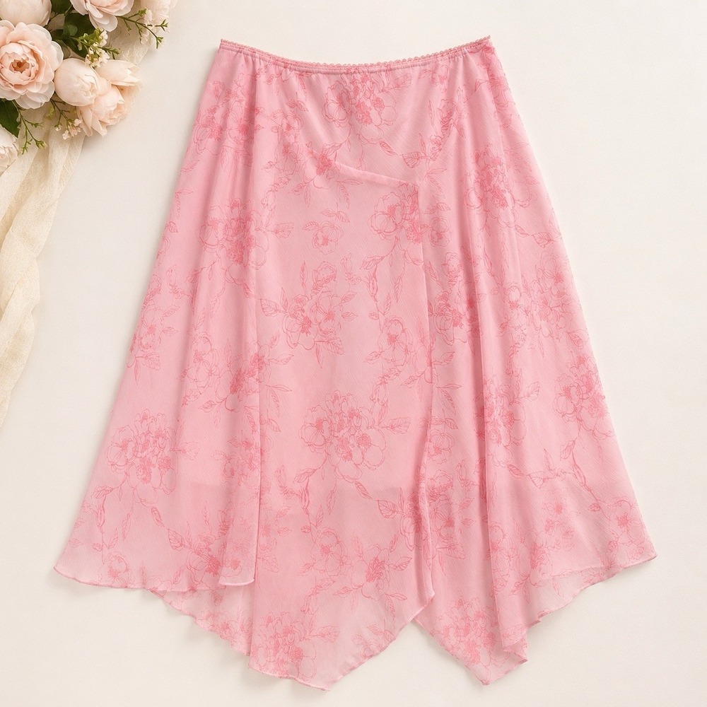 Vtg Y2K Pink Floral Asymmetrical Hem Sz L Fairycore Cottagecore Festival Boho